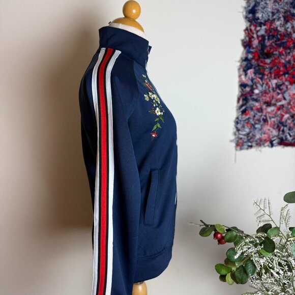 Navy blue floral zip up track jacket with red and white striped sleeves - Picture 3 of 8